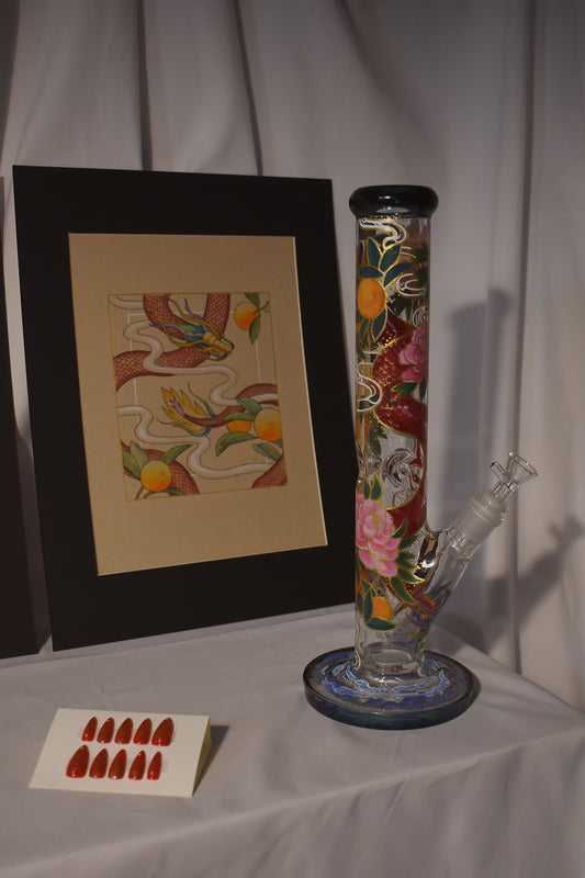 LNY 2024 - Peonies, Oranges, Dragons - hand-painted glass bong